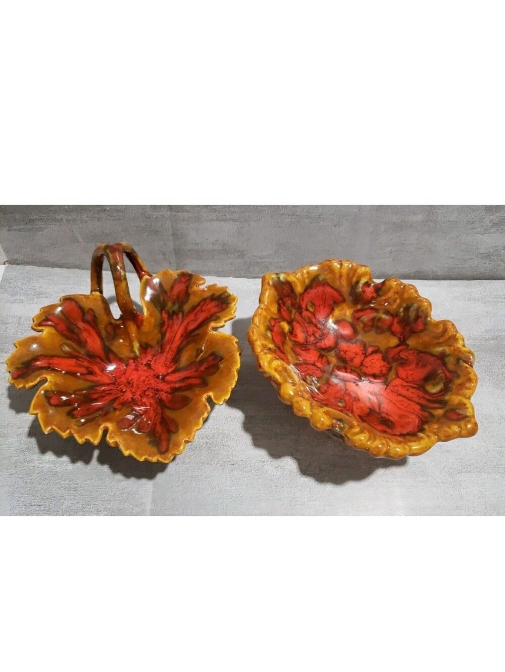 Vtg 1983 Ceramic Pottery Brown Green Orange Trinket Decor Dishes Set Of 2 Signed